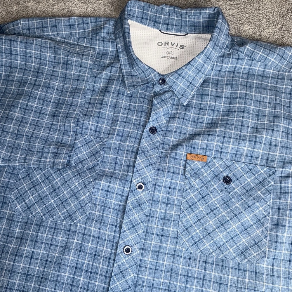 Mens Orvis Classic Collection Short Sleeve Camp Shirt Blue Plaid Button XXL